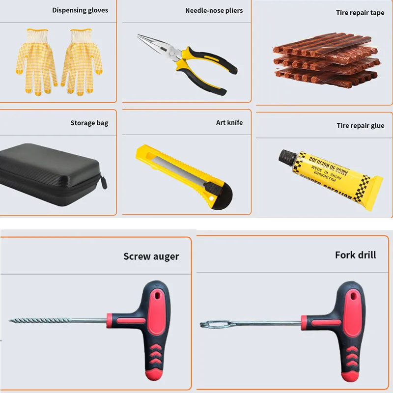 Car Tire Repair Tool Kit Set with Plastic Case for Emergency Puncture Air Leaking
