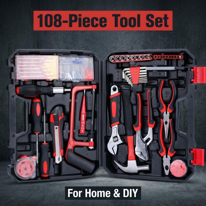 108 Piece Complete Hardware Tool Box Set for Household Improvement and Small General Repair