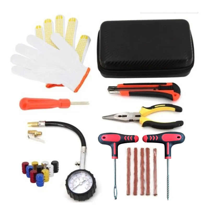 Car Tire Repair Tool Kit Set with Plastic Case for Emergency Puncture Air Leaking