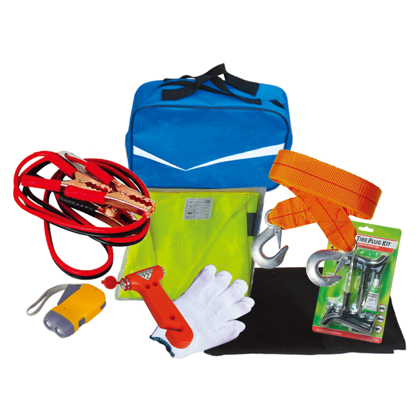 Car Emergency Roadside Kits in a Pack with Repair Tool, Vest and Booster Cable