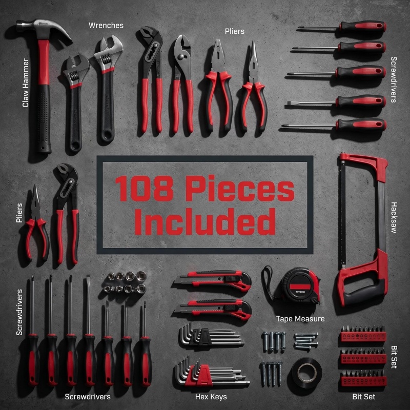 108 Piece Complete Hardware Tool Box Set for Household Improvement and Small General Repair