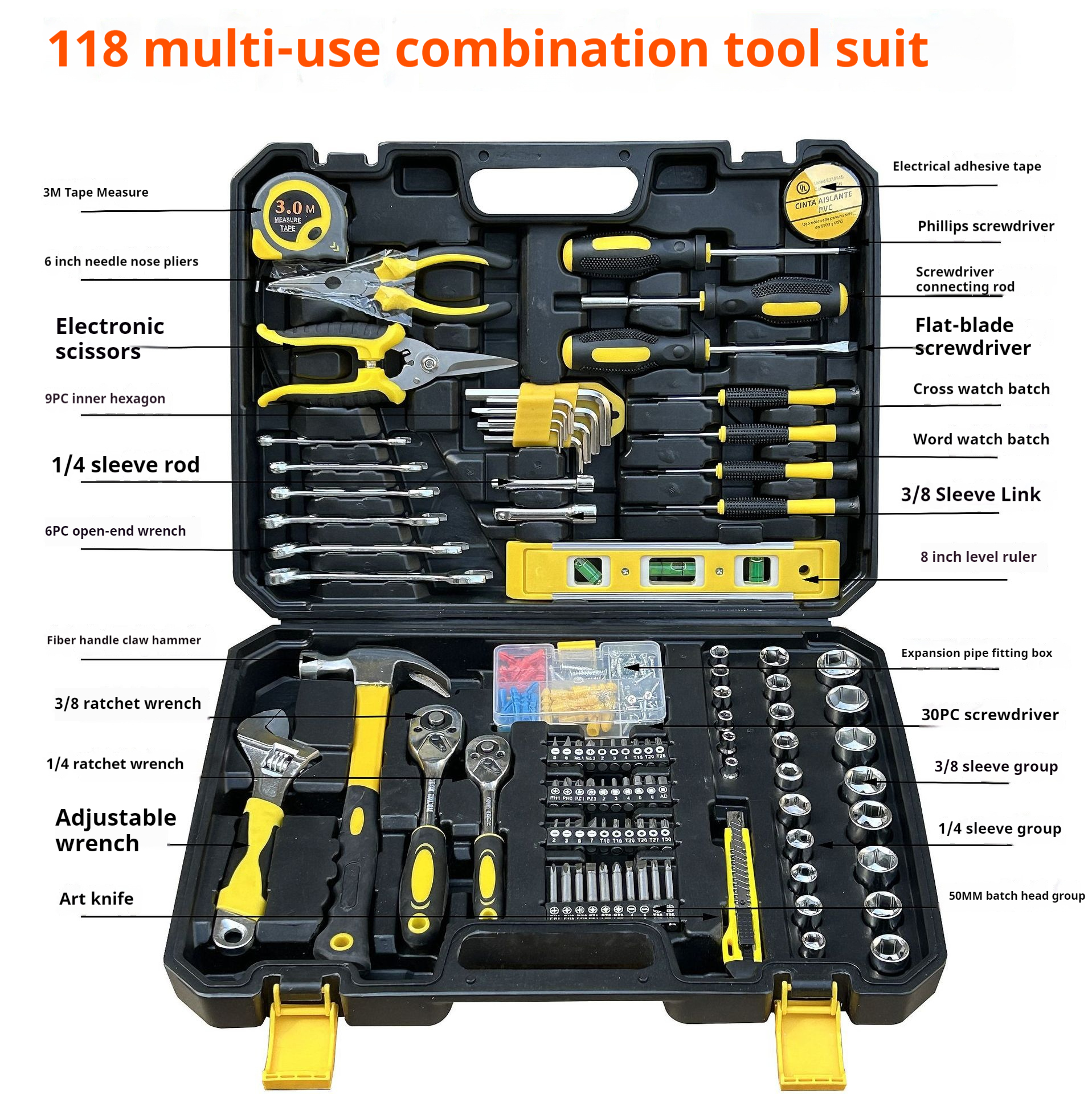 Portable Multifunctional Tool Set for DIY Carpentry and Auto Repair with Hand Wrench Set