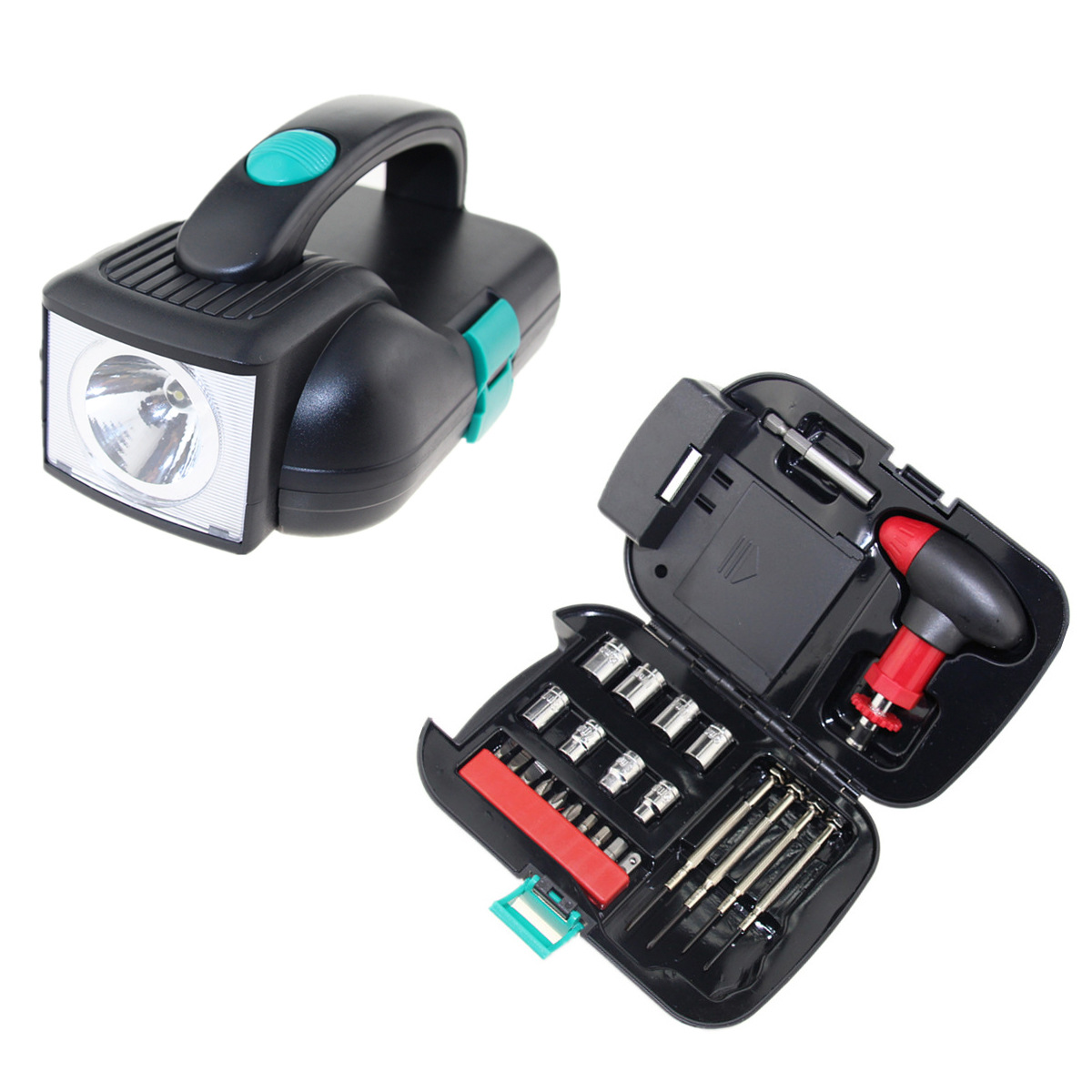 Portable Household Hardware Improvement 17pcs Emergency Mechanic Repairing Combination Hand Tool Set Kit with Work Light