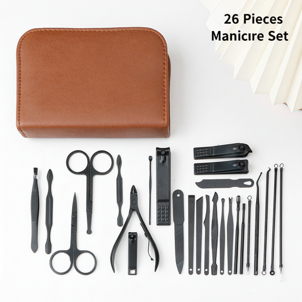 Professional 26 Pieces Stainless Steel Nail Clipper Kit Brown Manicure Kit Nail Care Tools With Luxurious Travel Case