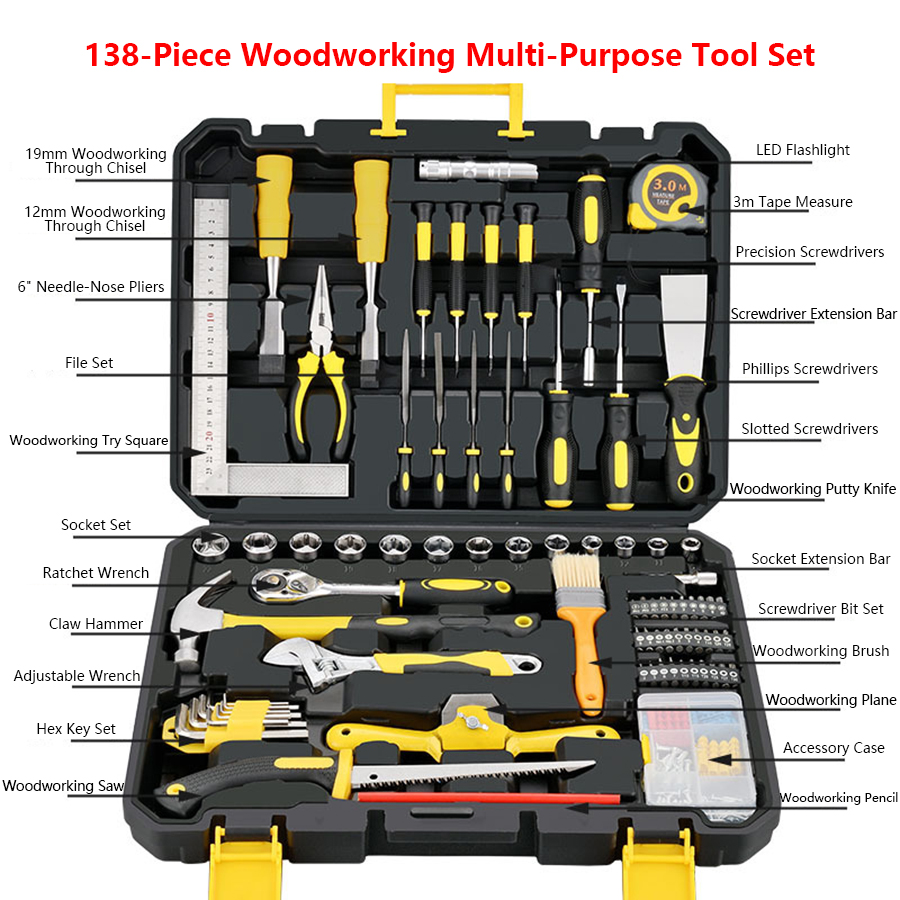 138-Piece Professional Woodworking Tool Set-Complete Hand Tool Kit Hex Wrench Hard Case for Carpentry Home Repair DIY Projects