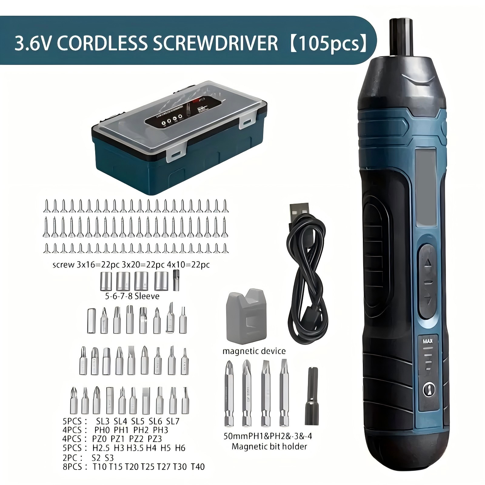 3.6V Cordless Electric Screwdriver Set 105-Piece Multi-Functional with Torque Adjustment Lithium Battery Powered