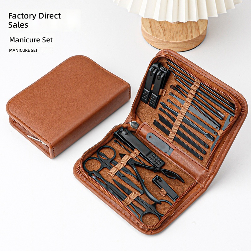 Professional 26 Pieces Stainless Steel Nail Clipper Kit Brown Manicure Kit Nail Care Tools With Luxurious Travel Case