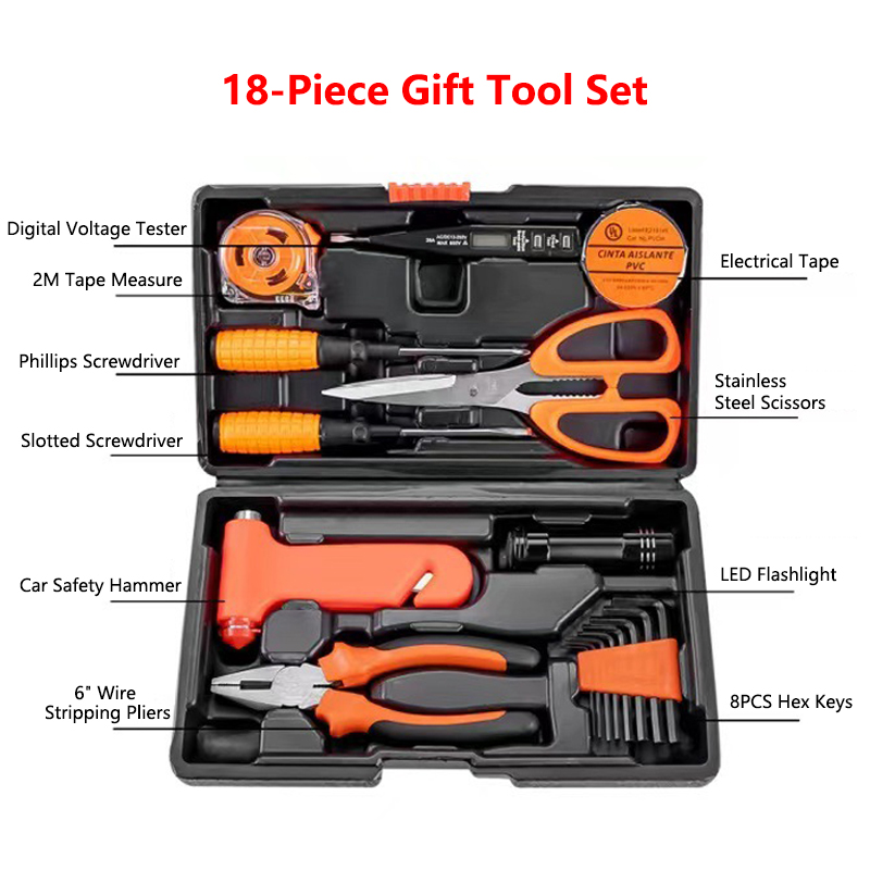 18-Piece Carbon Steel Gift Tool Set-Complete Home &amp; Car Repair Kit with Hard Case Hand Operated Safety Hammer Pliers &amp; Hex Keys