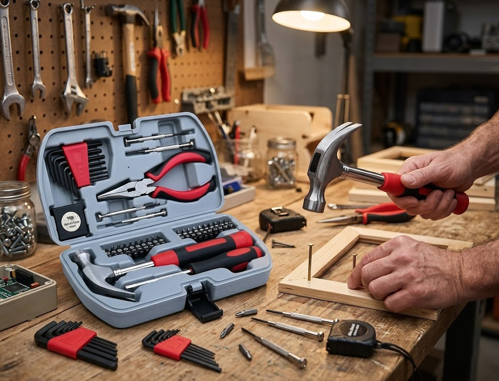 40pcs Compact Portable DIY Tool Set with Storage Case Household Repair Kit Including Hammer, Screwdriver Bits and Pliers