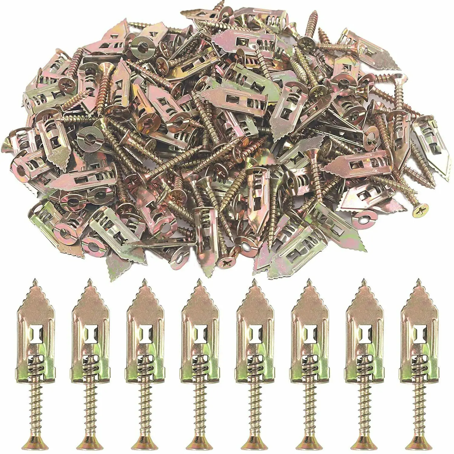 50pcs Self-Drilling Anchor Screw Kit with Carbon Steel Plasterboard Wall Fixing Plug Golden Wall Anchors