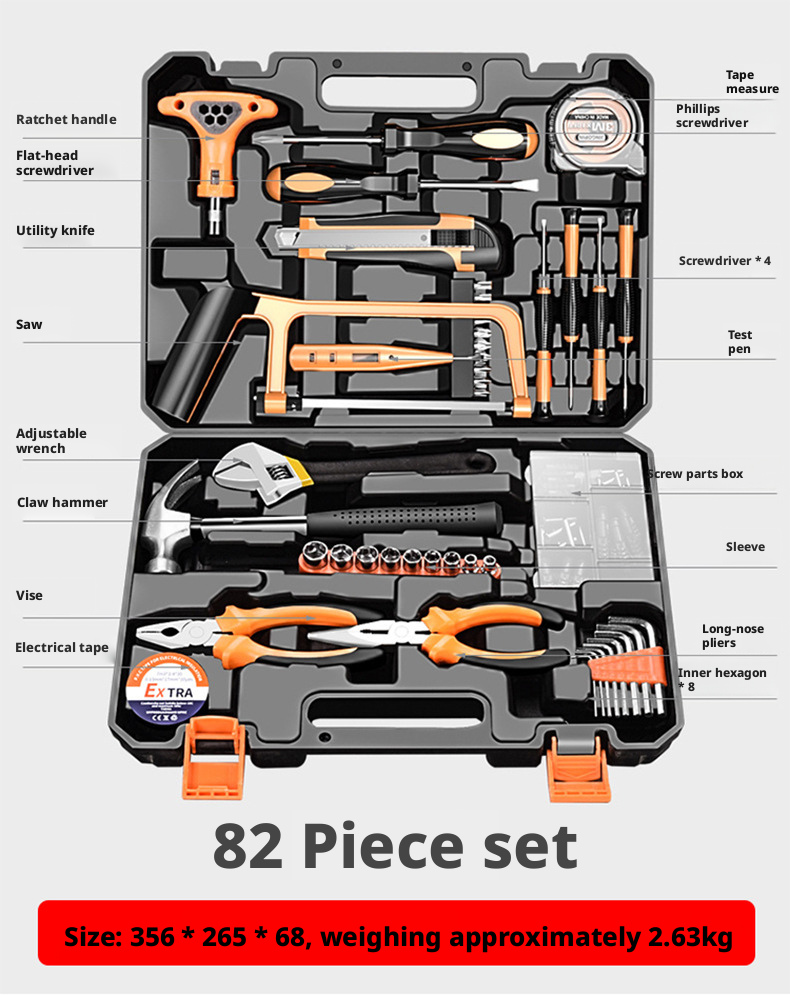 82pcsHome Hand Tool Set Household Woodworking Combination Toolbox Auto Repair Kits Electric Tool Box Gift Toolkit Manual