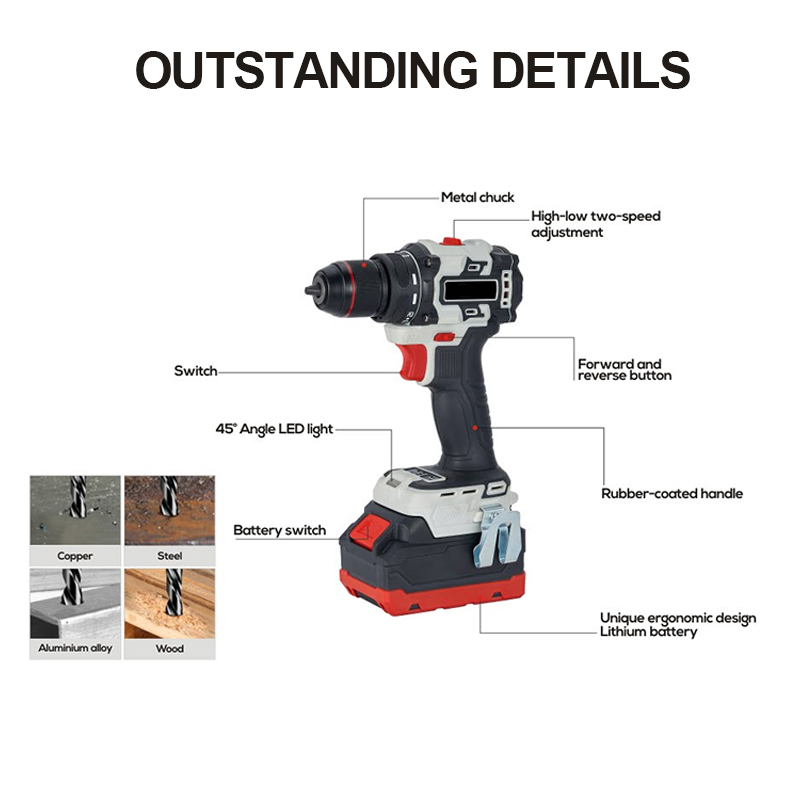 21V Lithium-ion Brushless Electric Battery Drill Hand Power Tools Cordless Brushless Drill