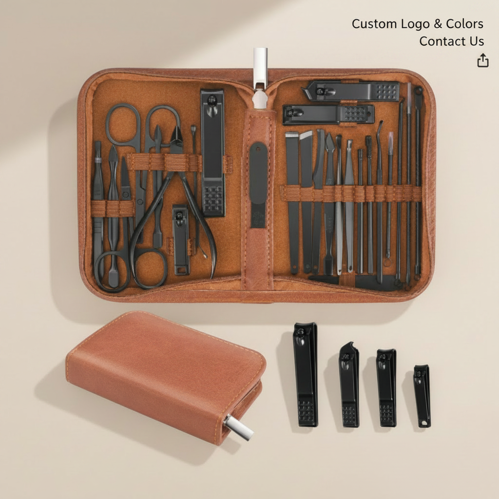 Professional 26 Pieces Stainless Steel Nail Clipper Kit Brown Manicure Kit Nail Care Tools With Luxurious Travel Case