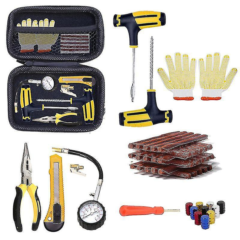 Car Tire Repair Tool Kit Set with Plastic Case for Emergency Puncture Air Leaking