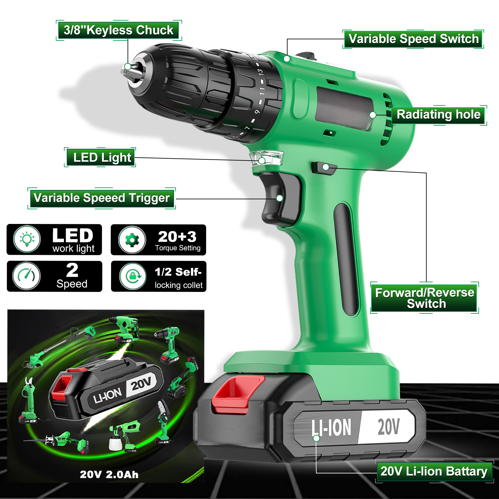 20V Cordless Mini Drill Tool Set Battery Powered 30mm Max OEM Customizable Rechargeable for Construction Home Renovation