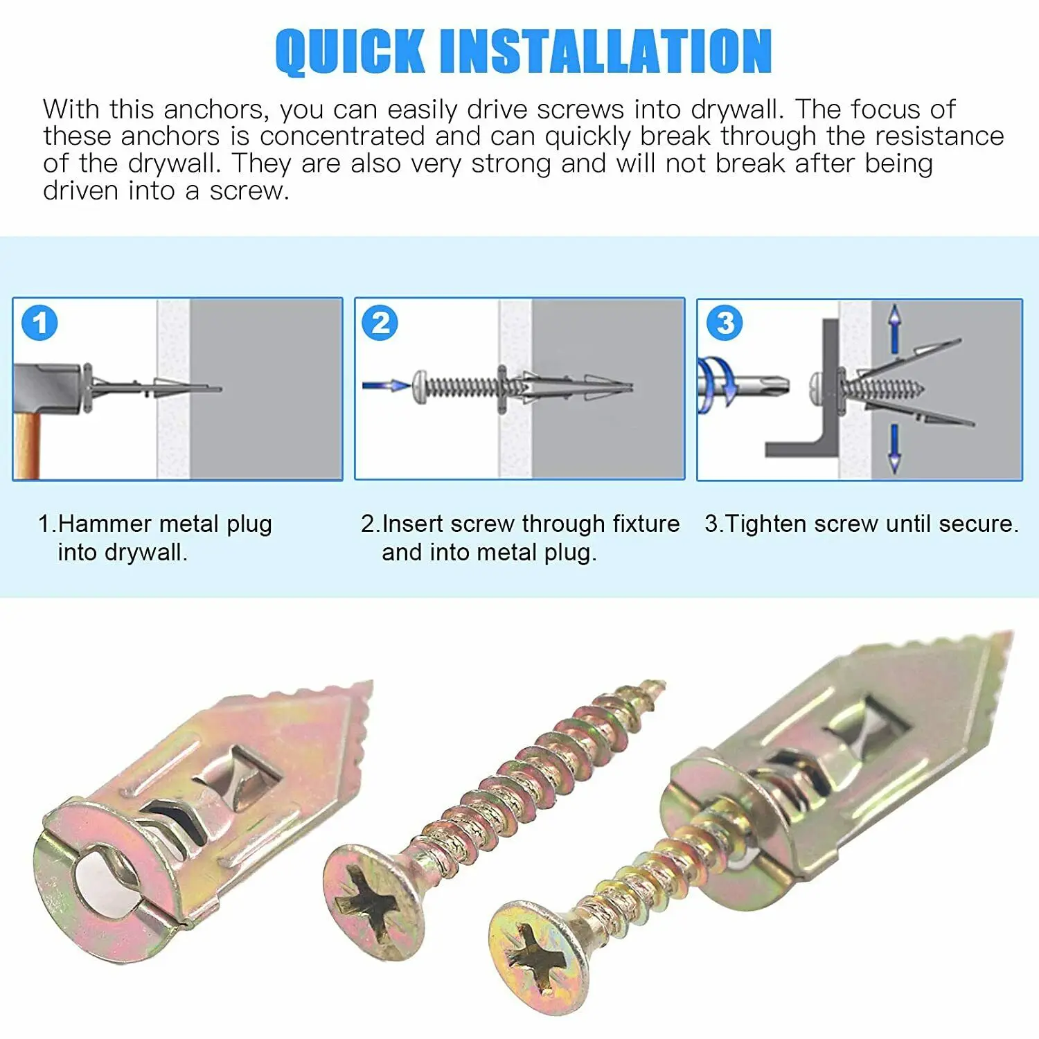 50pcs Self-Drilling Anchor Screw Kit with Carbon Steel Plasterboard Wall Fixing Plug Golden Wall Anchors