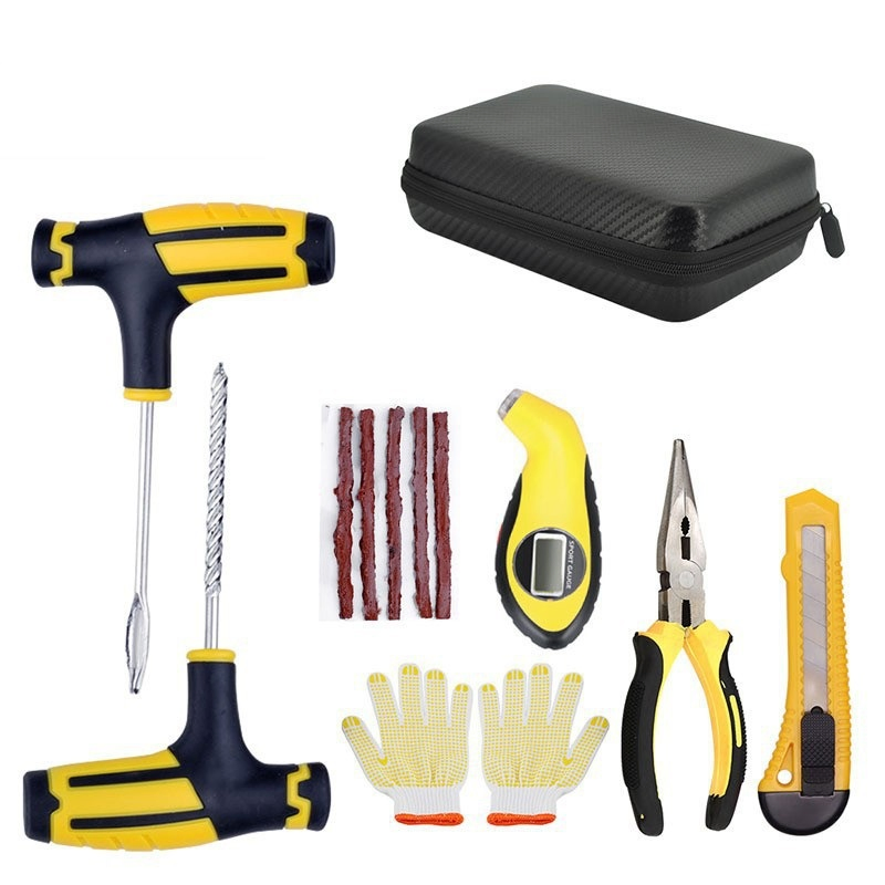 Car Tire Repair Tool Kit Set with Plastic Case for Emergency Puncture Air Leaking