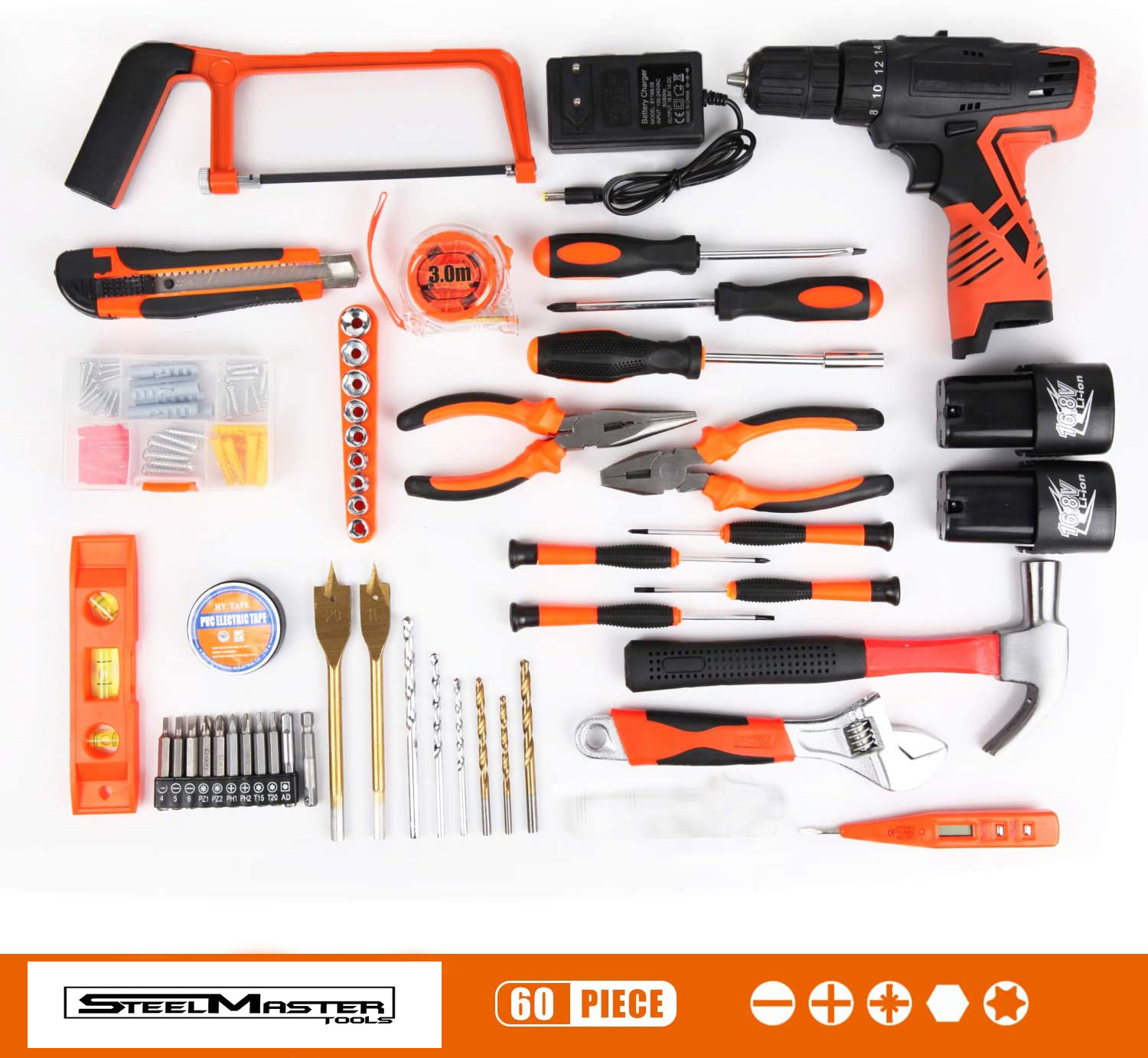 16.8V 60-Piece Electric Cordless Power Drill Driver Tool Box Set Rechargeable Battery DIY Home Garage Repair Kit OEM