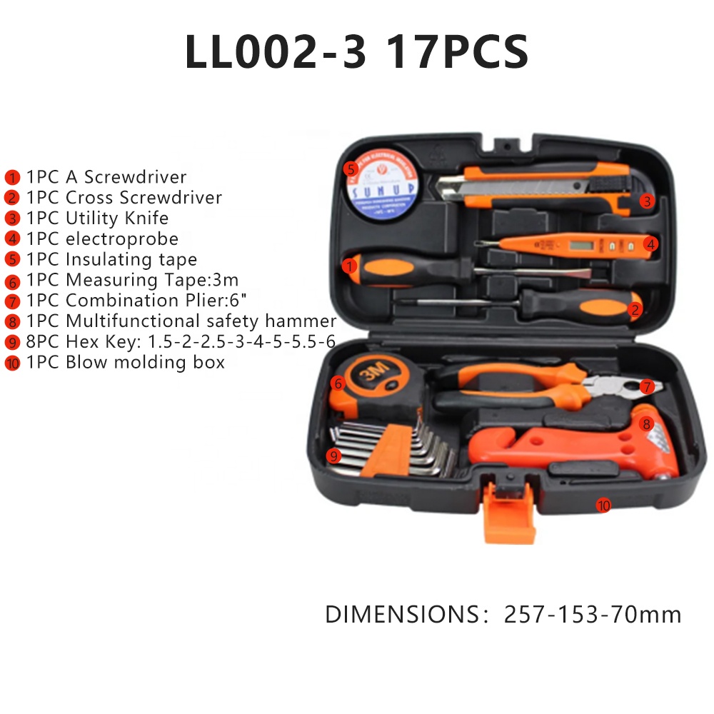 17PCS Portable Hand Tool Set Household Repair Kit with Emergency Safety Hammer Pliers Case for Home DIY and Car Maintenance
