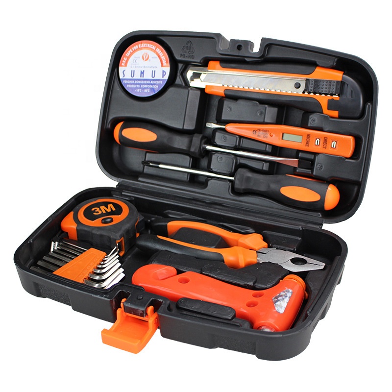 17PCS Portable Hand Tool Set Household Repair Kit with Emergency Safety Hammer Pliers Case for Home DIY and Car Maintenance