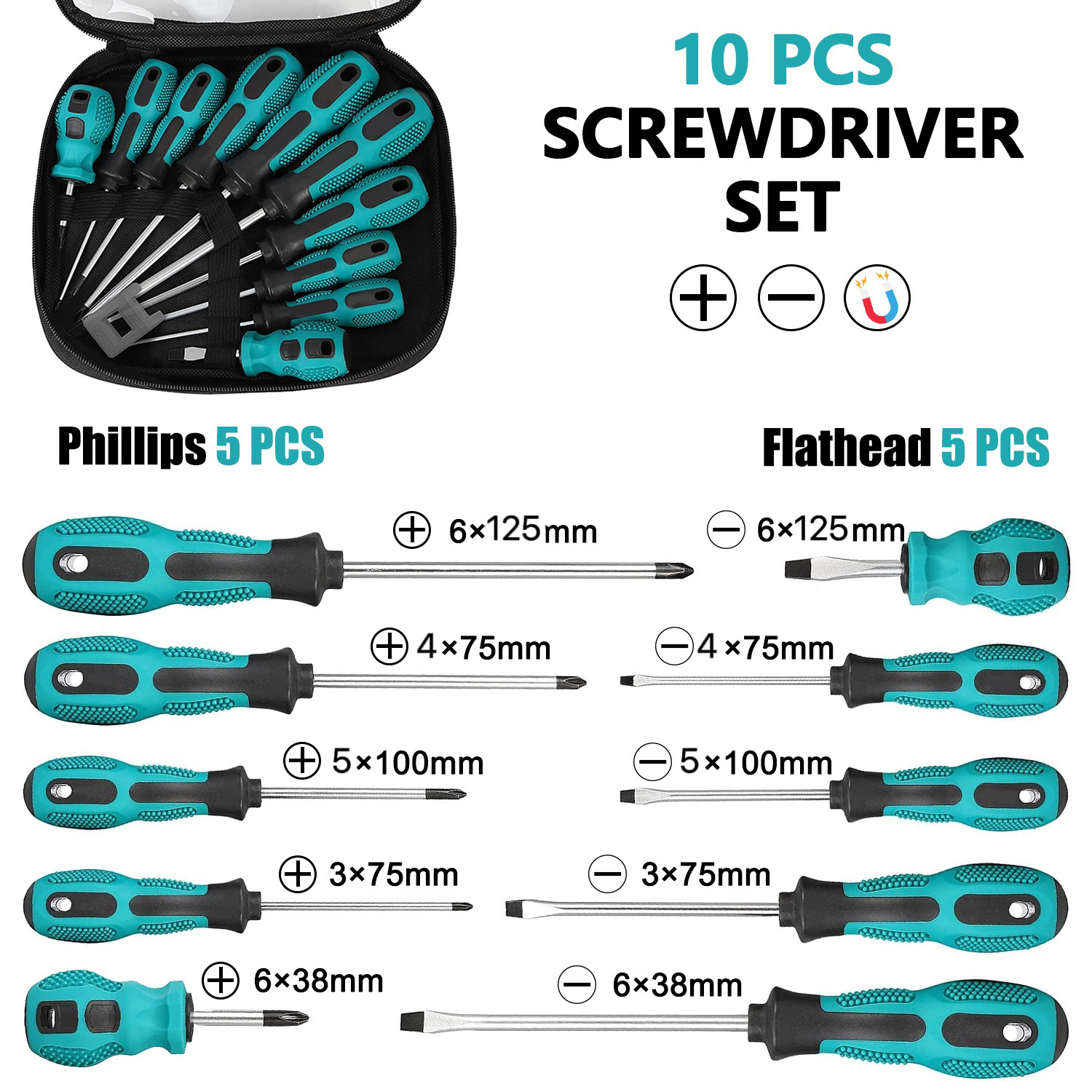 LXD 10Pcs Professional Screwdriver Set Phillips &amp; Flathead Chrome Vanadium Steel Magnetic Tip Home Repair Furniture Assembly Kit