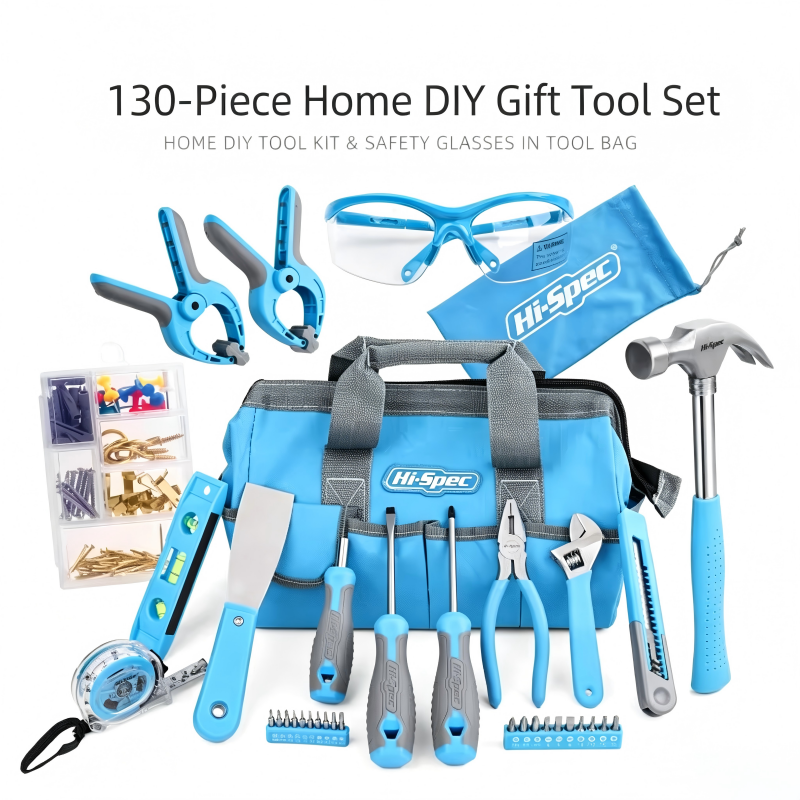 Hi-Spec 130-Piece Stainless Steel Hand Operated Home Tool Kit with OEM Safety Glasses and Storage Bag for DIY Projects
