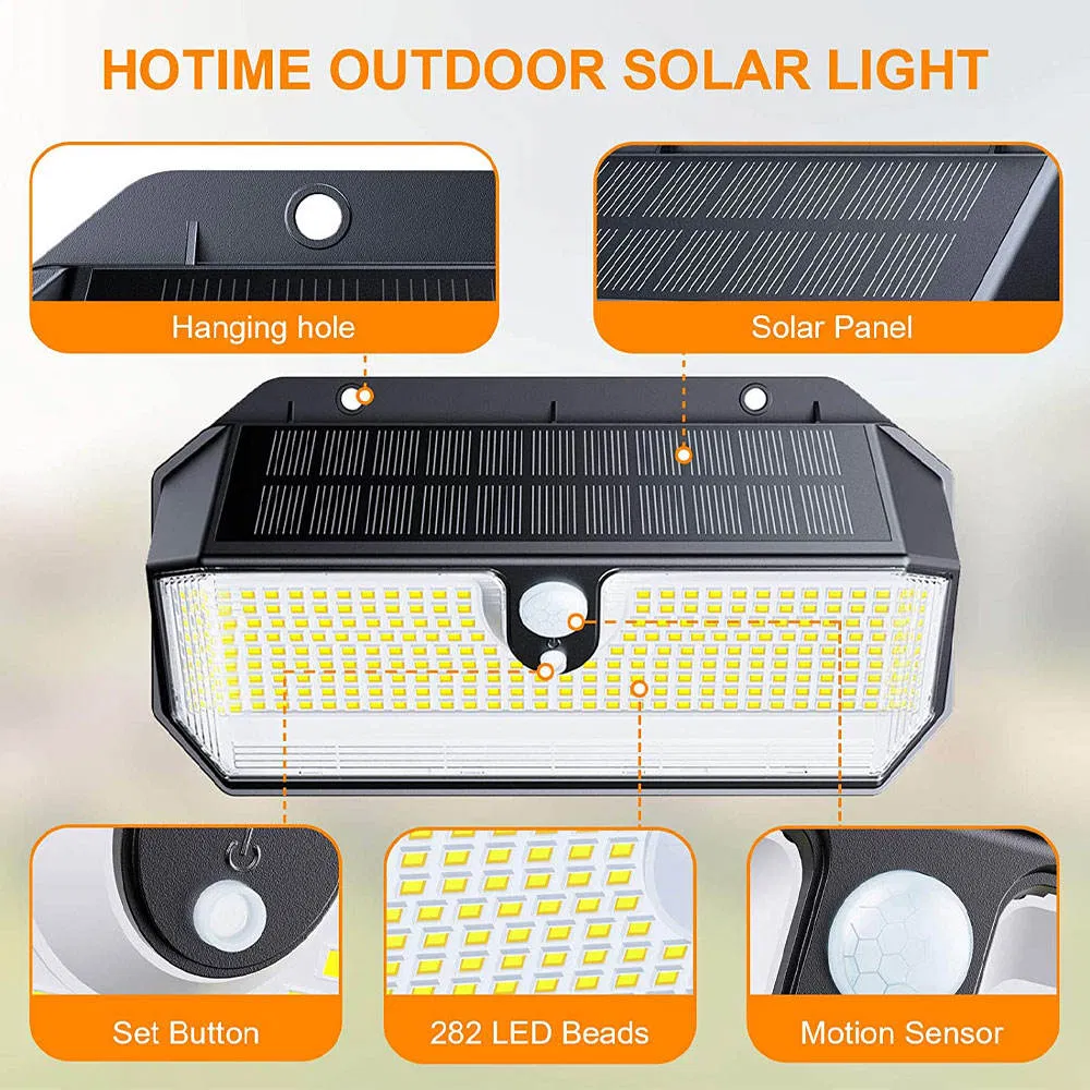 Newest IP65 Waterproof Super Bright 2500lumens 282 LEDs Motion Sensor Wall Mounted Solar Outdoor Lights White Solar Wall Light