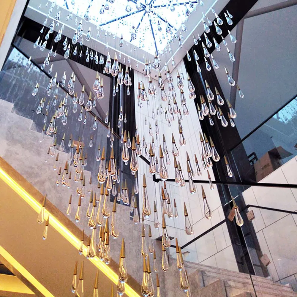 Hot Selling Rain Drop Big Size Glass Chandeliers Hanging Pendant Lights for Stair High Ceiling