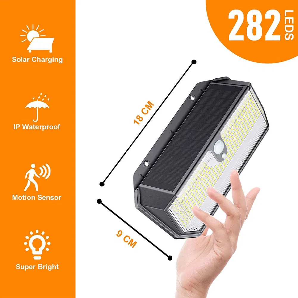 Newest IP65 Waterproof Super Bright 2500lumens 282 LEDs Motion Sensor Wall Mounted Solar Outdoor Lights White Solar Wall Light