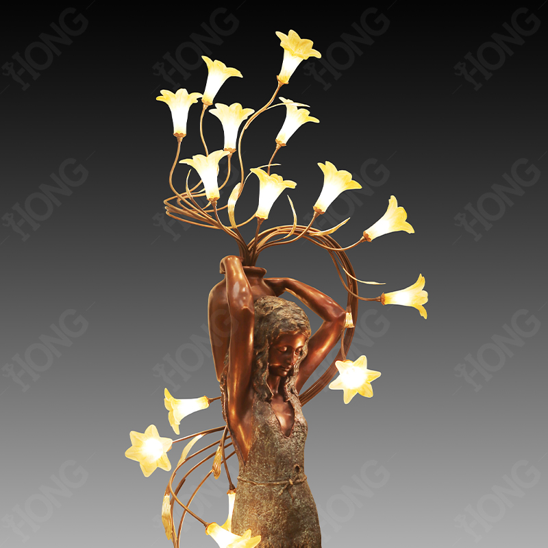 Bronze Girl Sculpture Floor Lamp with Flower Shape Lights for Home Decoration