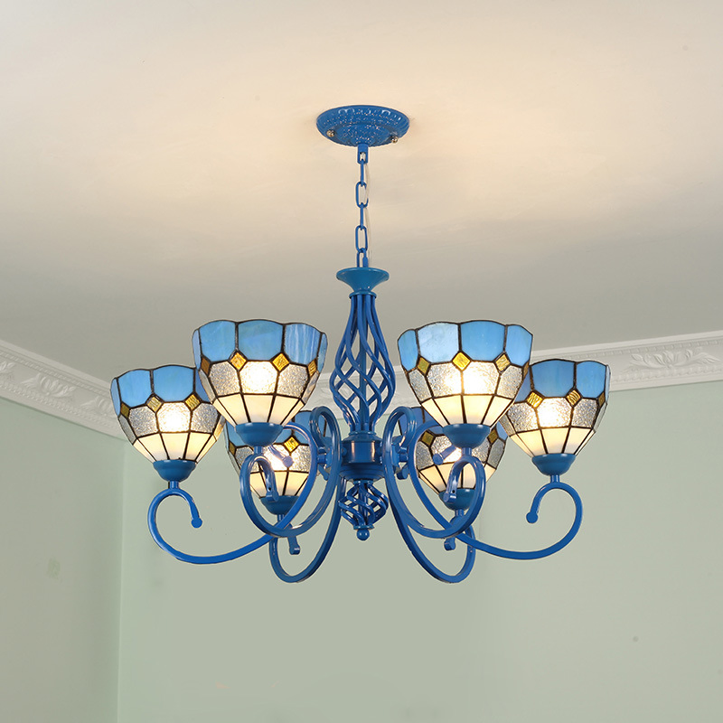 Serenity Victorian Tiffan-Y Style Chandelier Stained Glass Pendant Light Cream Blue Lampshade 5-Light Chandelier 26" Wide, Antique Style Lights