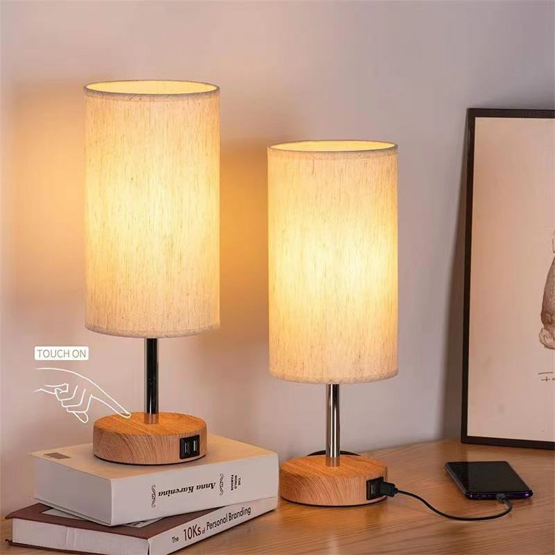Touch Control Wooden Bedside Table Lamp with USB Port Nightstand Lamp with Linen Fabric Shade for Living Room