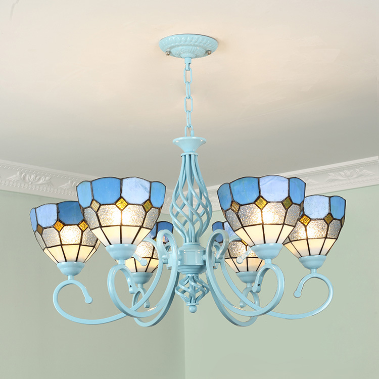 Serenity Victorian Tiffan-Y Style Chandelier Stained Glass Pendant Light Cream Blue Lampshade 5-Light Chandelier 26" Wide, Antique Style Lights