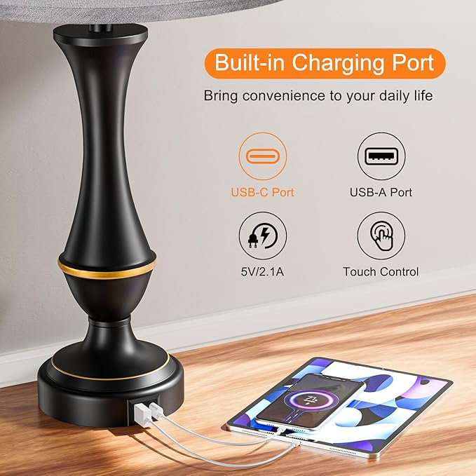 Upgraded Touch Lamps for Night Stands with USB C+a, 3 Way Dimmable Table Lamp for Bedroom Living Room Office