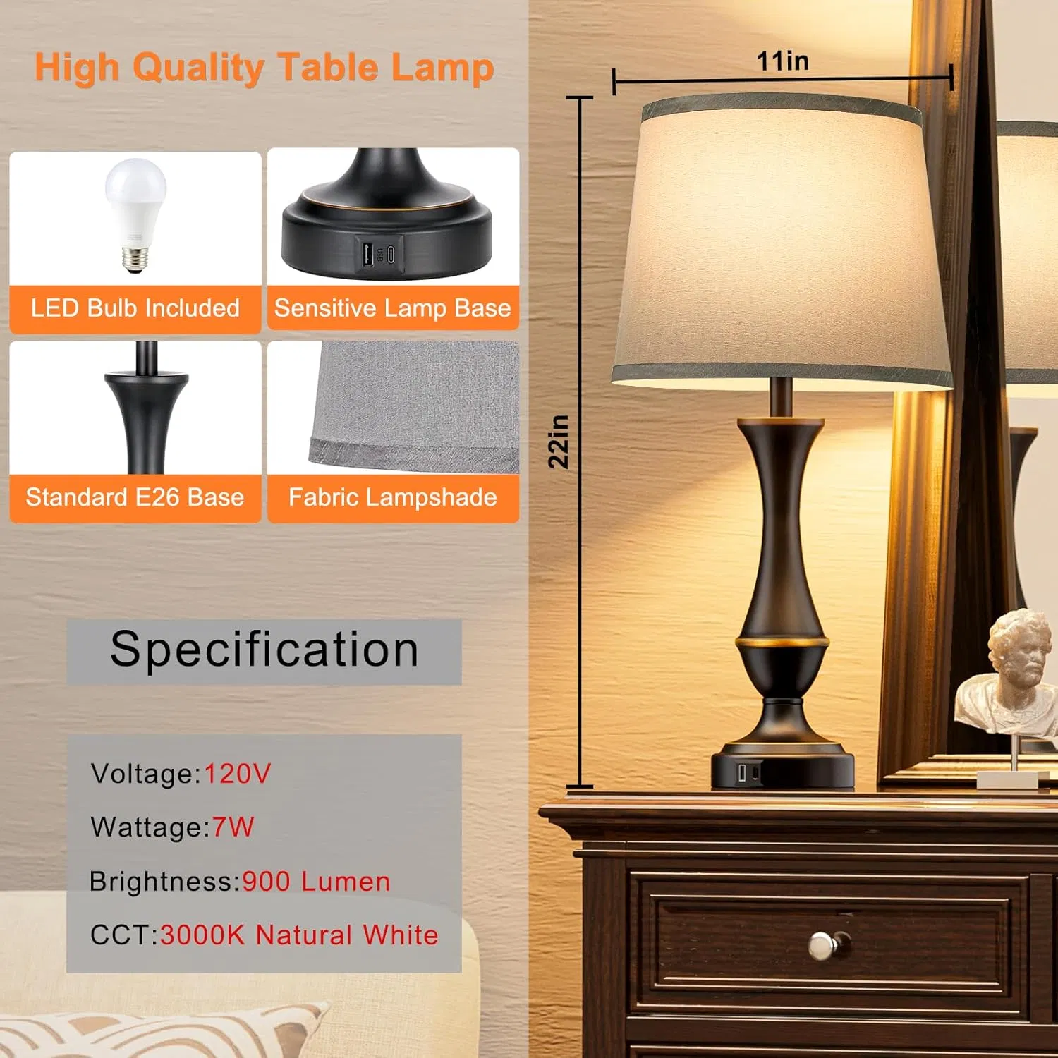 Upgraded Touch Lamps for Night Stands with USB C+a, 3 Way Dimmable Table Lamp for Bedroom Living Room Office