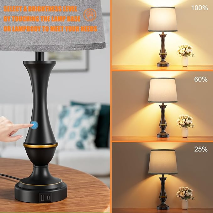 Upgraded Touch Lamps for Night Stands with USB C+a, 3 Way Dimmable Table Lamp for Bedroom Living Room Office
