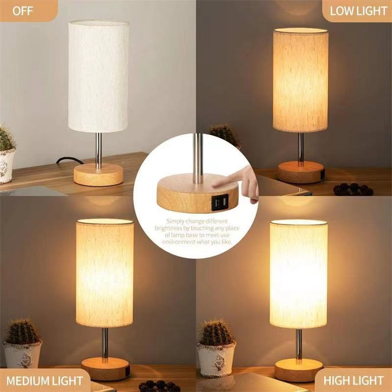 Touch Control Wooden Bedside Table Lamp with USB Port Nightstand Lamp with Linen Fabric Shade for Living Room