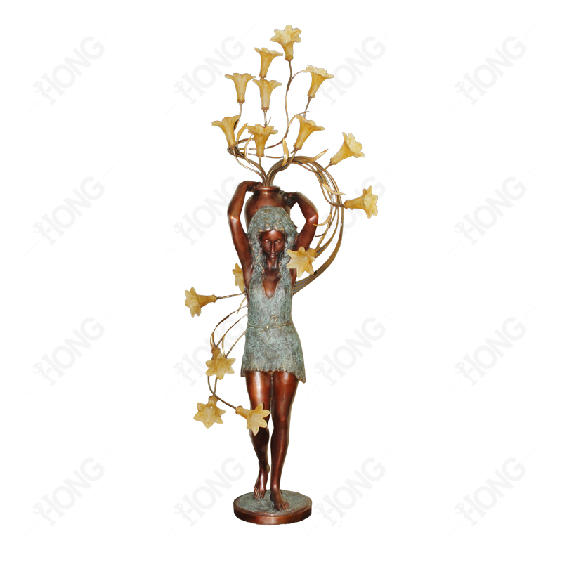 Bronze Girl Sculpture Floor Lamp with Flower Shape Lights for Home Decoration