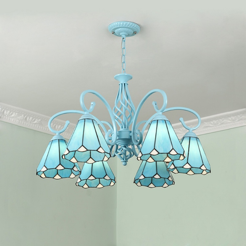 Serenity Victorian Tiffan-Y Style Chandelier Stained Glass Pendant Light Cream Blue Lampshade 5-Light Chandelier 26" Wide, Antique Style Lights