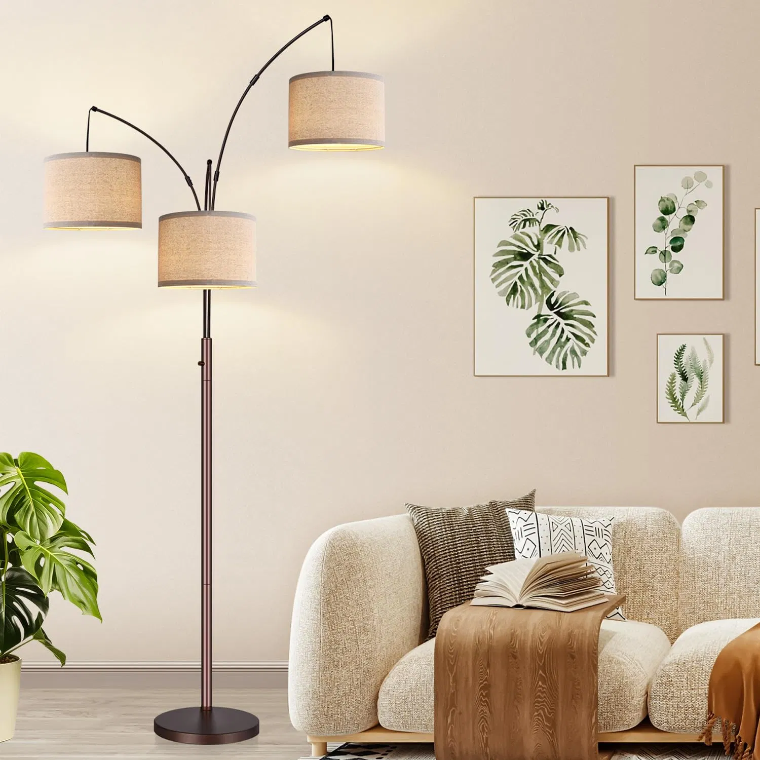 Living Room Modern Tall Standing Lamp Beige Shades &amp; Heavy Base MID Century Tree Bedroom Office Included Dimmable Floor Lamp