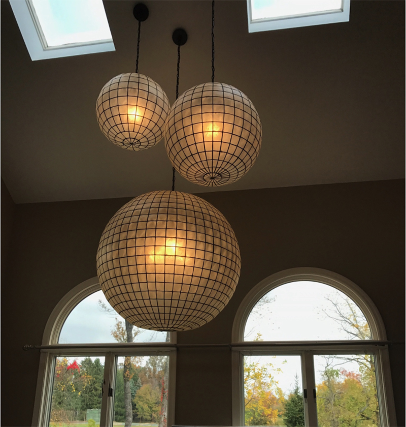 1960s Stylish Interior Globe Capiz Shell Pendant Light Chandelier