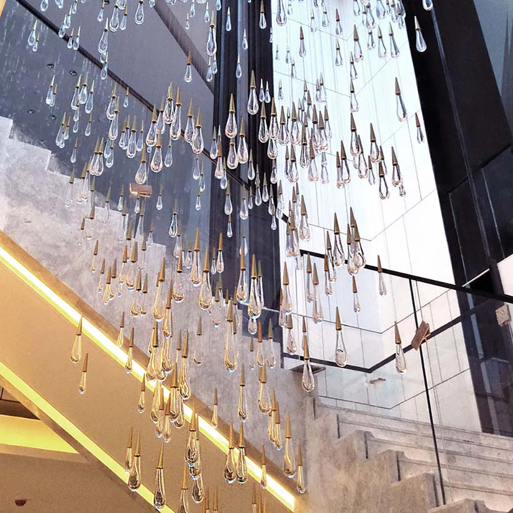 Hot Selling Rain Drop Big Size Glass Chandeliers Hanging Pendant Lights for Stair High Ceiling