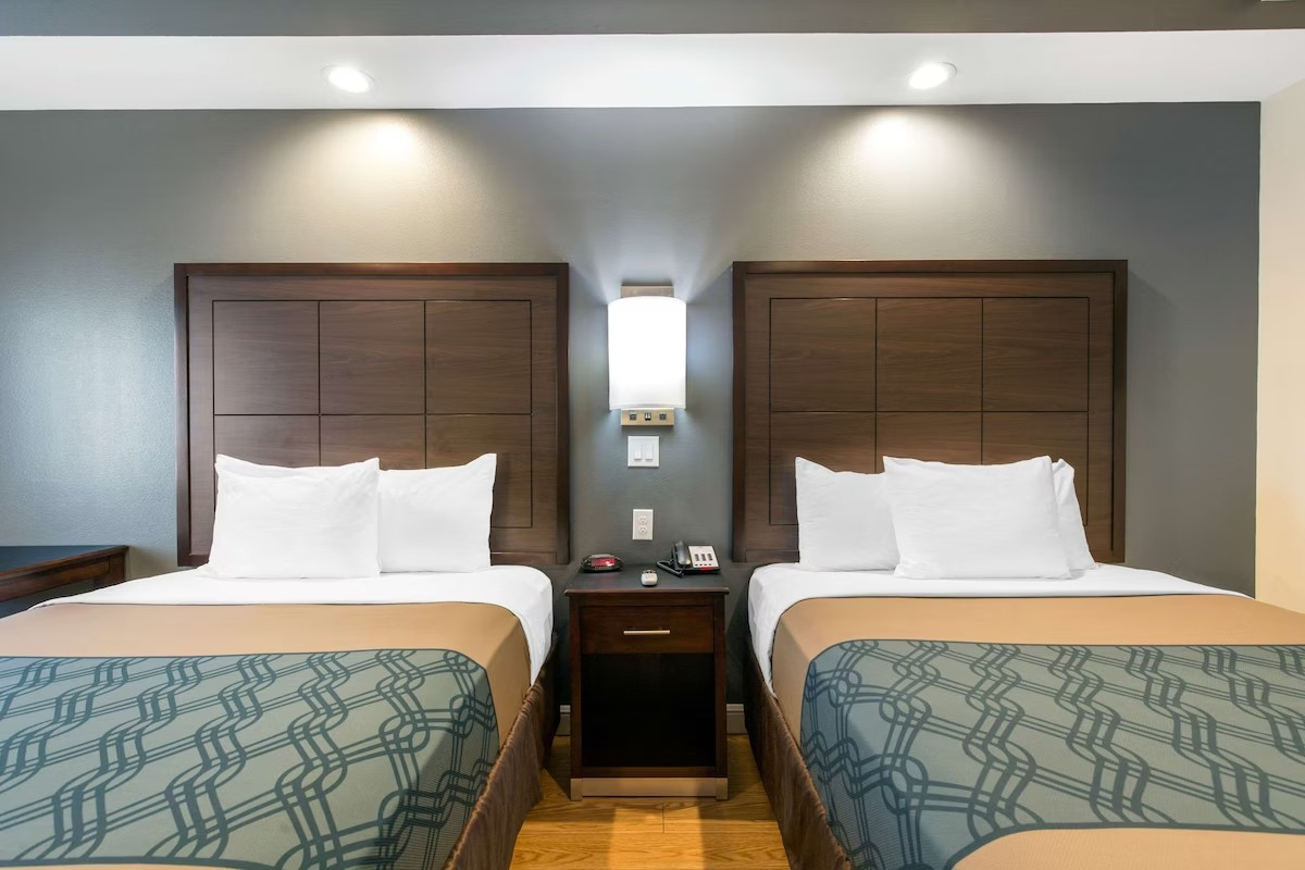 Econo Lodge Inn &amp; Suites Prestige by Choice Deluxe Family Room King Suite Headboard Sconce Nightstand Lamp Floor Standing Lamp