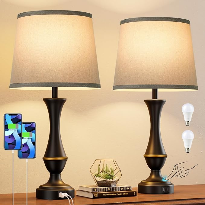 Upgraded Touch Lamps for Night Stands with USB C+a, 3 Way Dimmable Table Lamp for Bedroom Living Room Office