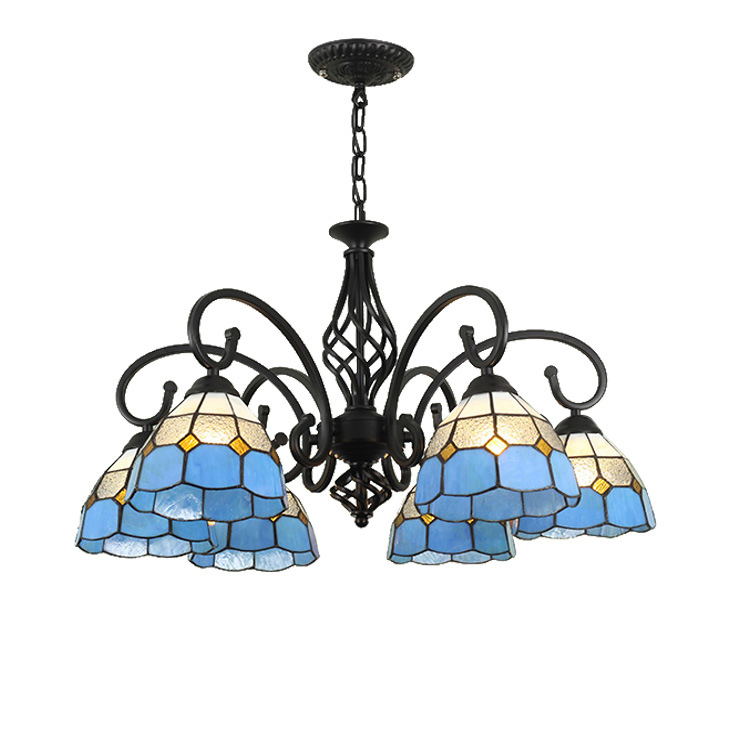 Serenity Victorian Tiffan-Y Style Chandelier Stained Glass Pendant Light Cream Blue Lampshade 5-Light Chandelier 26" Wide, Antique Style Lights