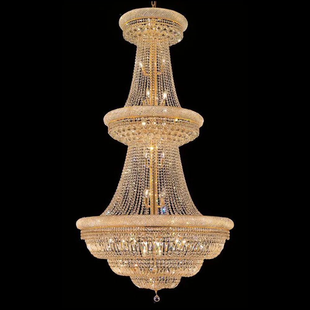 European Round Indoor Lighting Decoration LED pendant Light Golden Raindrop Crystal LED 3 Layers Chandelier