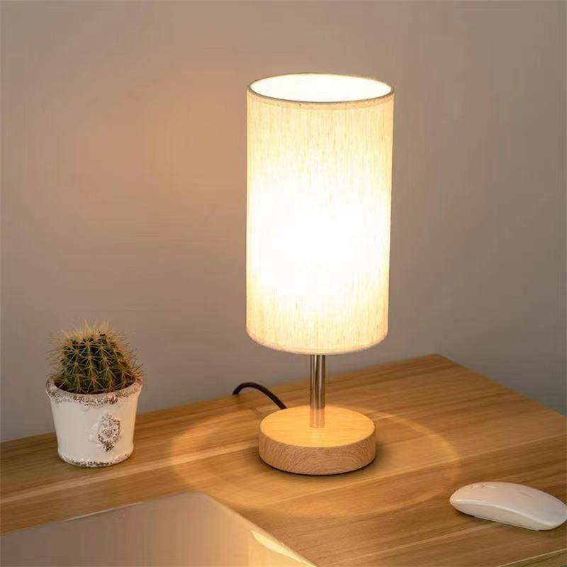 Touch Control Wooden Bedside Table Lamp with USB Port Nightstand Lamp with Linen Fabric Shade for Living Room