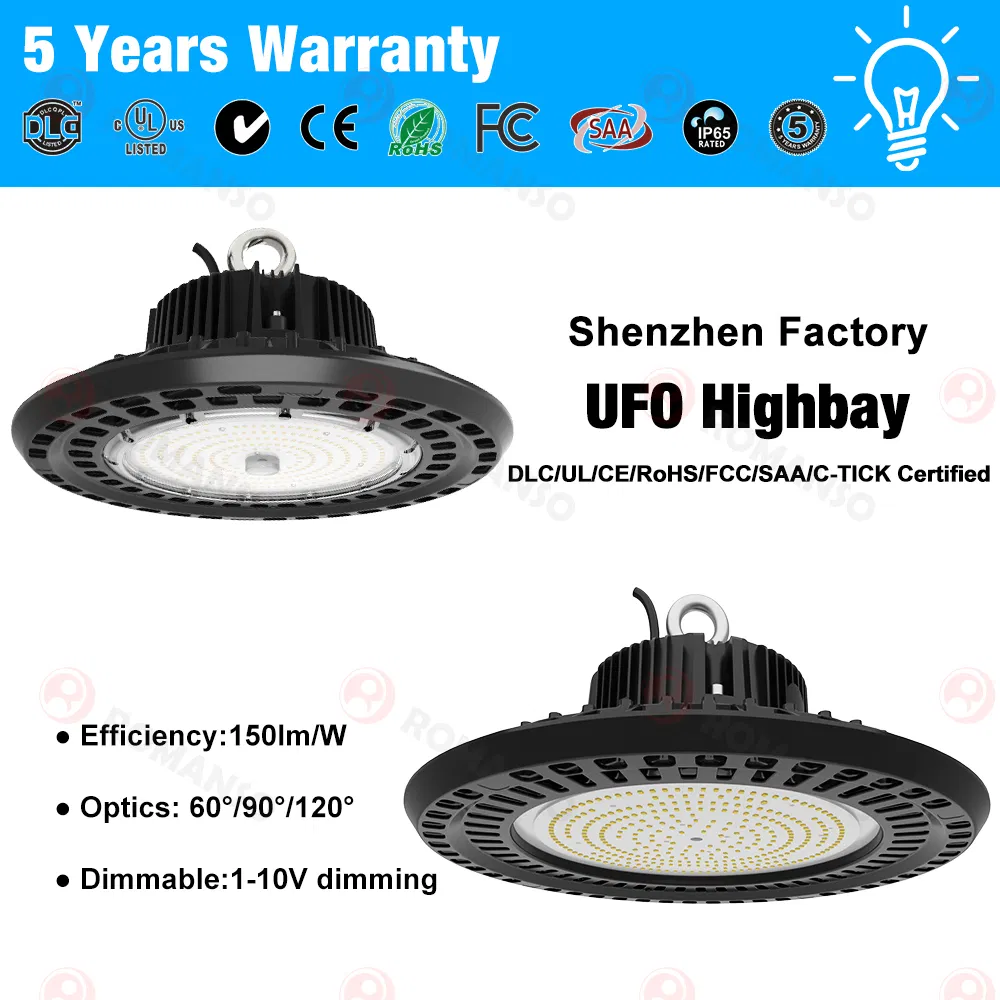 Romanso LED High Bay Light 100W 150W 200W 300W 400W 500W SMD3030 Chip 150lm/W UFO LED Highbay Light for Shop Warehouse Lighting