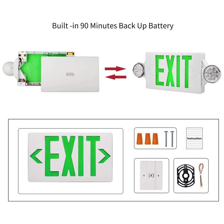 120-277V Rechargeable Emergency Lighting Fixtures Battery Backup LED Emergency Light Compact Combo Exit Sign