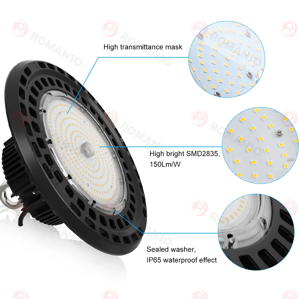 Romanso LED High Bay Light 100W 150W 200W 300W 400W 500W SMD3030 Chip 150lm/W UFO LED Highbay Light for Shop Warehouse Lighting